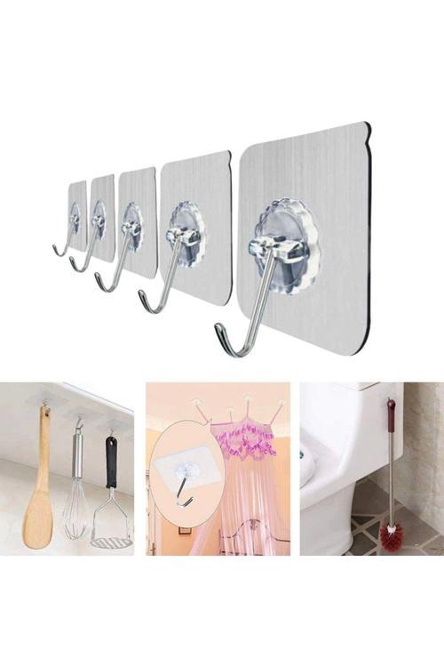 Süper Güçlü Yapışkanlı Suya Dayanıklı Şeffaf Askı 5Li Set Yeniden Kullanılabilir Kancalar (4415)