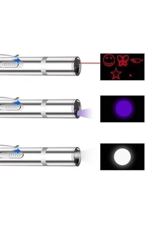 Usb İle Şarj Edilebilen 3In 1 Kırmızı Işık +Beyaz Led Meşale Işık + Uv El Feneri Kedi Lazeri