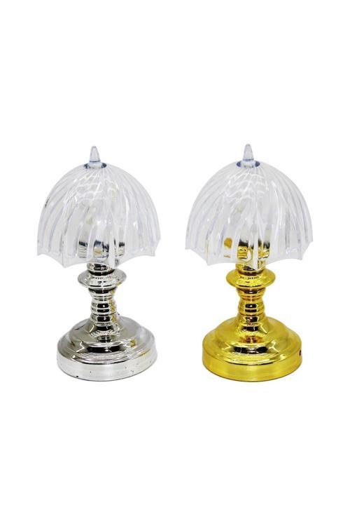 Pilli Mini Şemsiye Modeli Led Lamba Abajur Mika Kristal Başlık - Gold - Krom Ayak (4415)