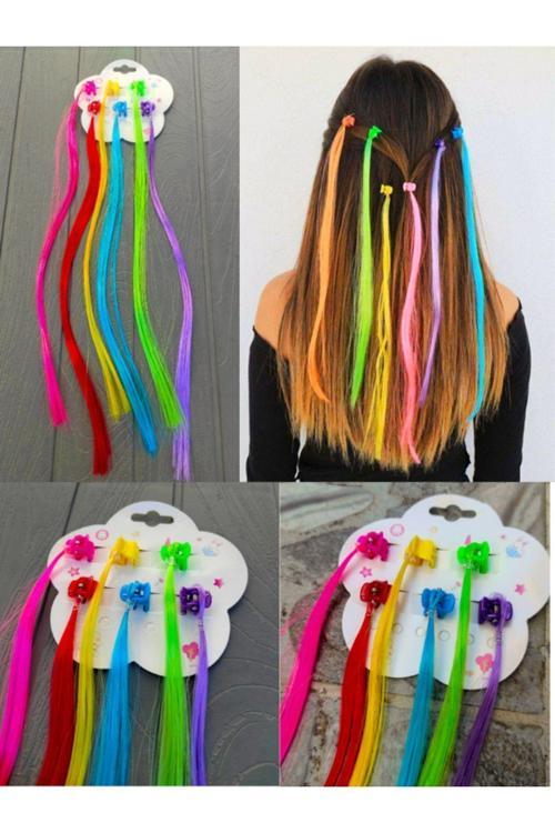 Rengarenk Unicorn 6Lı Takma Postiş Saç Mandal Toka Pembe Mavi Sarı Mor Yeşil Renkli