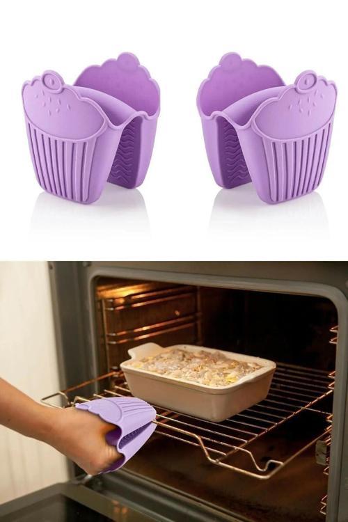 Silikon Cupcake Şekilli Lüx Renkli Fırın Eldiveni - 2 Adet Sıcak Tepsi Tutacağı Karışık Renk