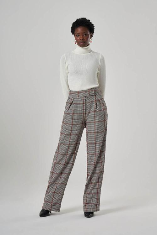 Büyük Ekoseli Taba Pantolon S