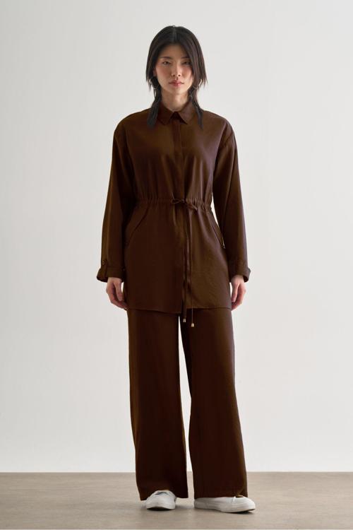 Acı Kahve Çift Cepli Beli İp Büzgülü Modal Kahverengi Tunik XL