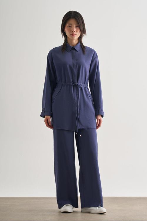 Çift Cepli Beli İp Büzgülü Modal İndigo Mavi Tunik XL