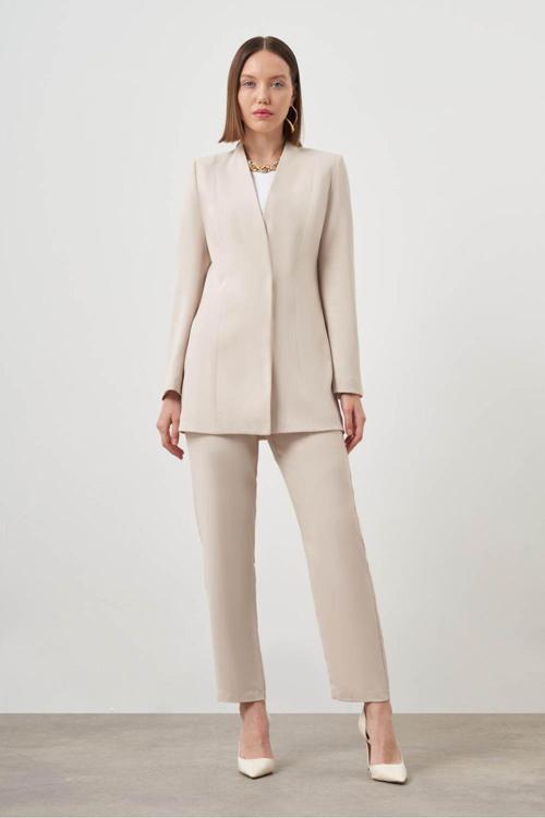 Yakasız Blazer Bej Ceket XL