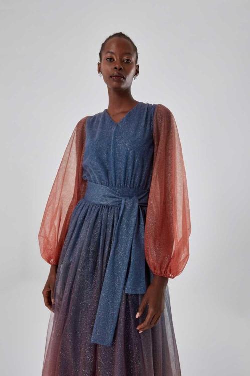 Batik Simli Indigo Tül Elbise XL