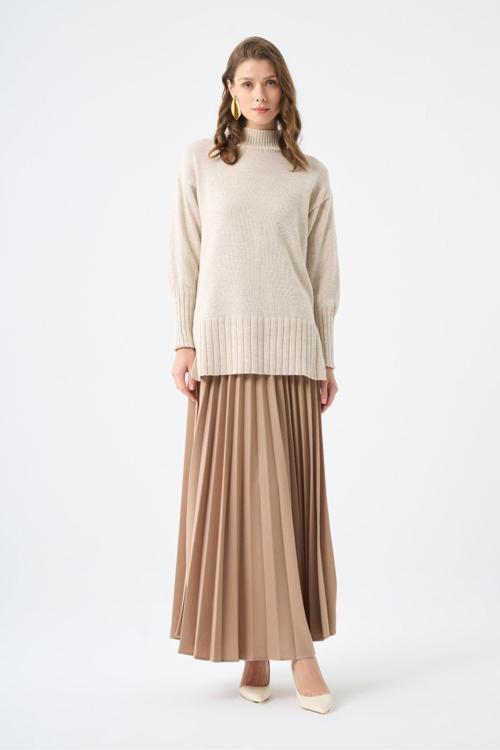 Basic Örme Pliseli Krep Bej Etek M