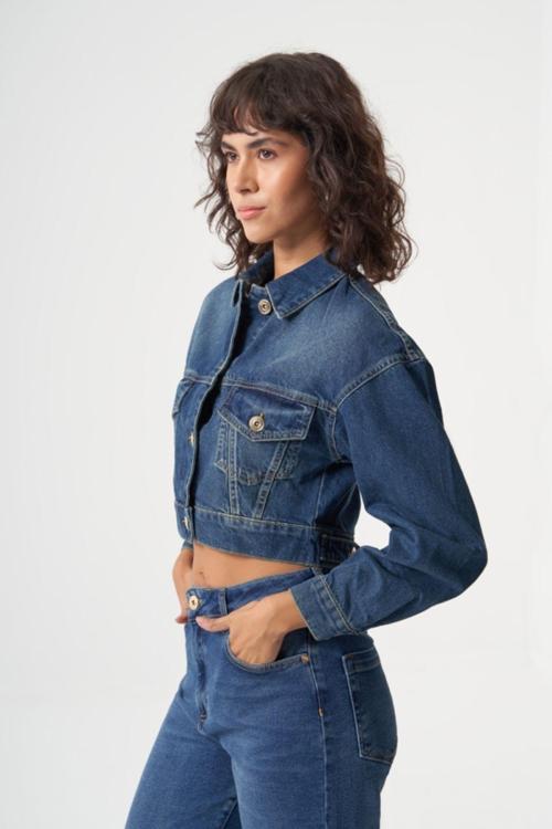 Lacivert Crop Denim Ceket 36