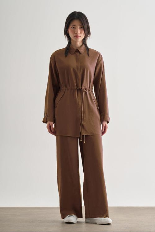 Çift Cepli Beli Ip Büzgülü Modal Karamel Rengi Tunik 2XL