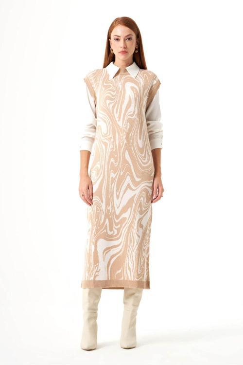 Özel Desenli Triko Bej Elbise M