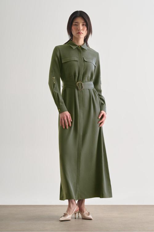 Çift Cepli Uzun Kemerli Haki Safari Elbise S