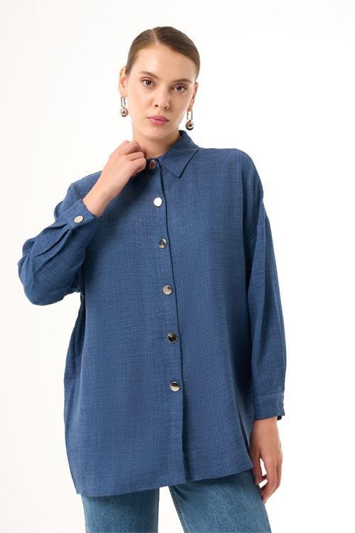 Keten Dokulu Over İndigo Tunik XL