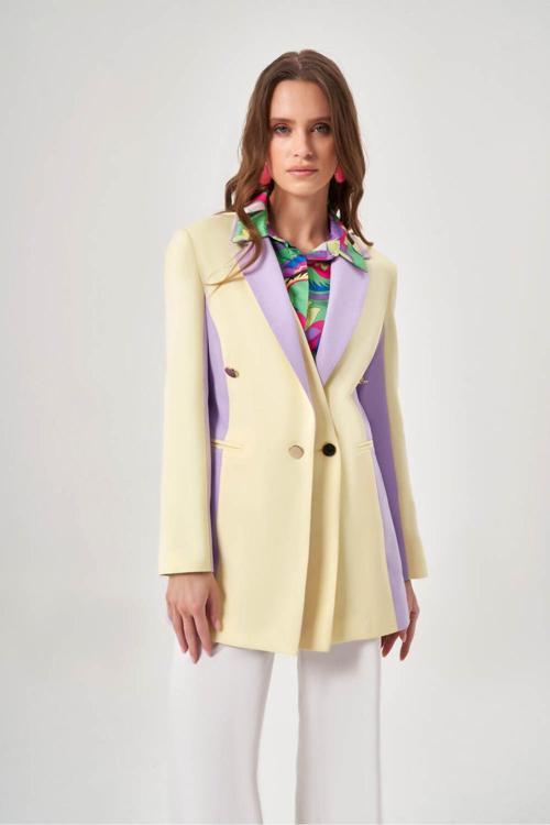 Renk Bloklu Sarı/lila Blazer Ceket 2XL