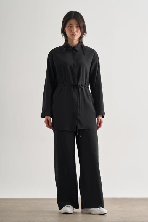 Çift Cepli Beli İp Büzgülü Modal Siyah Tunik S