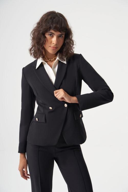 Siyah Yün Karışımlı Klasik Tek Düğme Blazer Ceket 42