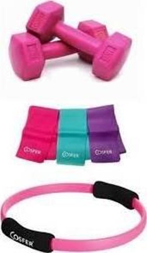 Pilates Çemberi 3'lü Pilates Bandı Ve Dambıl 3'lü Set Pembe