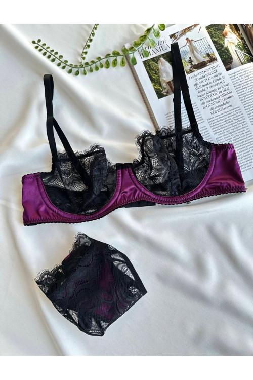 Saten Detaylı Dantel Bralet Takımı Mor 85