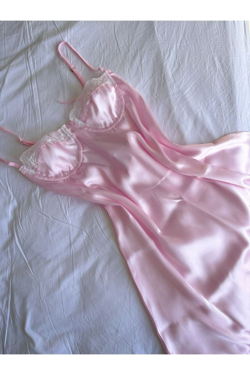 Ivory Saten Dantelli Gecelik Çeyiz Pembe L