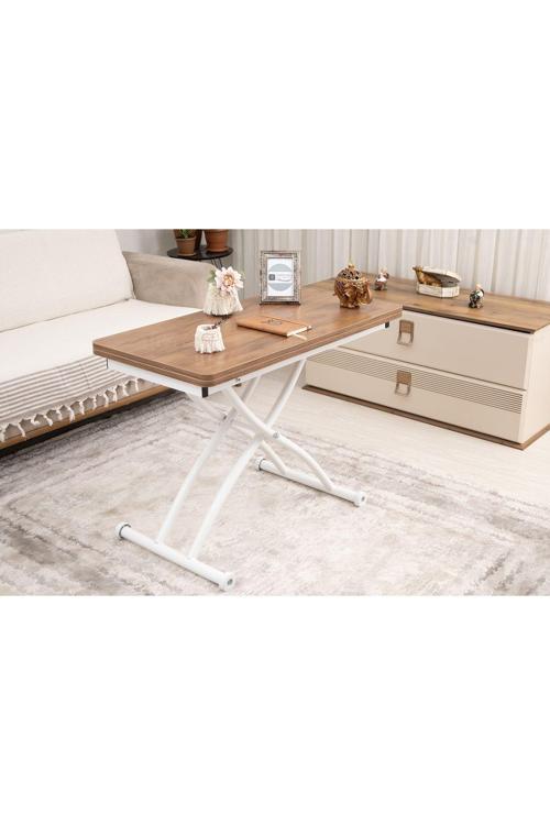 Akıllı Sehpa Mini Juppo Üst Tabla Mdf Ceviz Oval Köşe Alt Ayak Beyaz Dışa Kıvrım