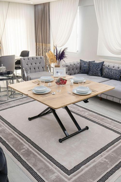 Akıllı Sehpa Home Üst Tabla Mdf VeliMeşe Oval Köşe Alt Mekanizma Siyah Renk
