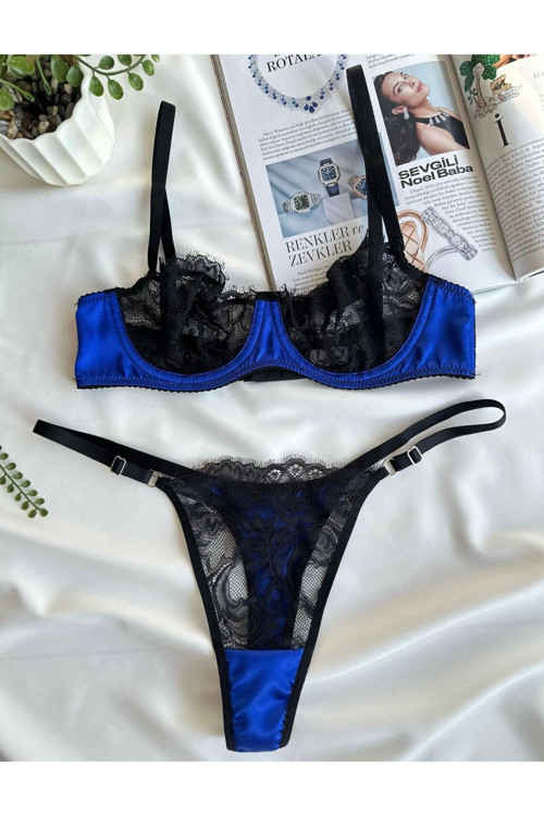 Saten Detaylı Dantel Bralet Takımı Lacivert 85