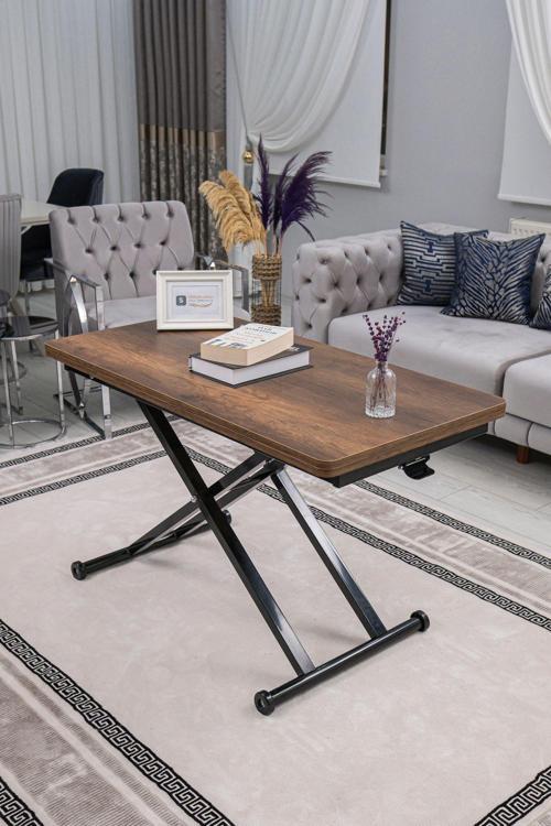 Akıllı Sehpa Home Üst Tabla Mdf Barok Koyu Ceviz Oval Köşe Alt Mekanizma Siyah Renk