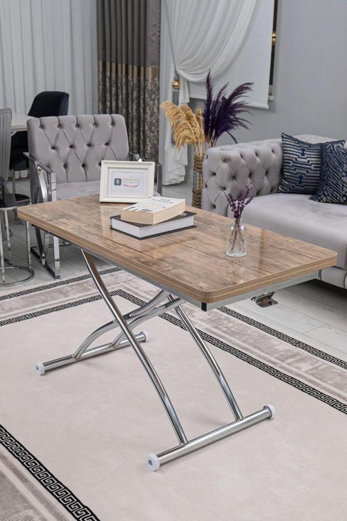 Akıllı Sehpa Üst Tabla Mdf Antiklayt Oval Köşe Alt Krom Kaplama Dışa Kıvrım