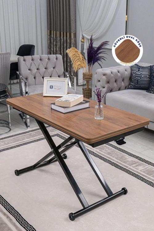 Akıllı Sehpa Home Üst Tabla Mdf Ceviz Oval Köşe Alt Mekanizma Siyah Renk