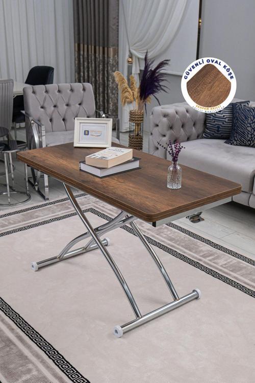 Akıllı Sehpa Üst Tabla Mdf Barok Koyu Ceviz Oval Köşe Alt Krom Kaplama Dışa Kıvrım