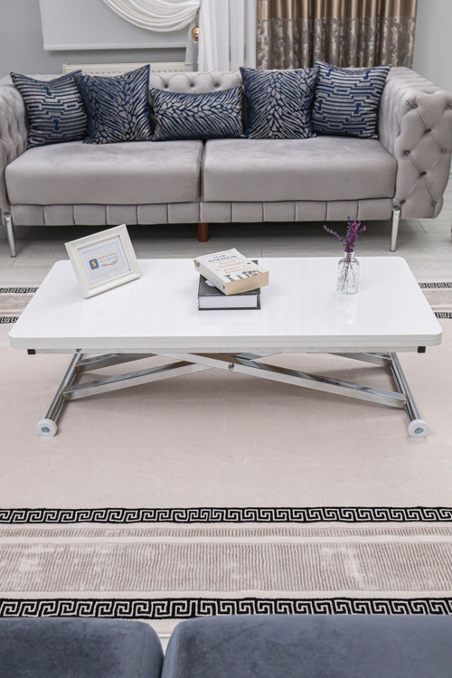 Akıllı Sehpa Home Üst Tabla Mdf Beyaz Oval Köşe Alt Ayak Krom Kaplama