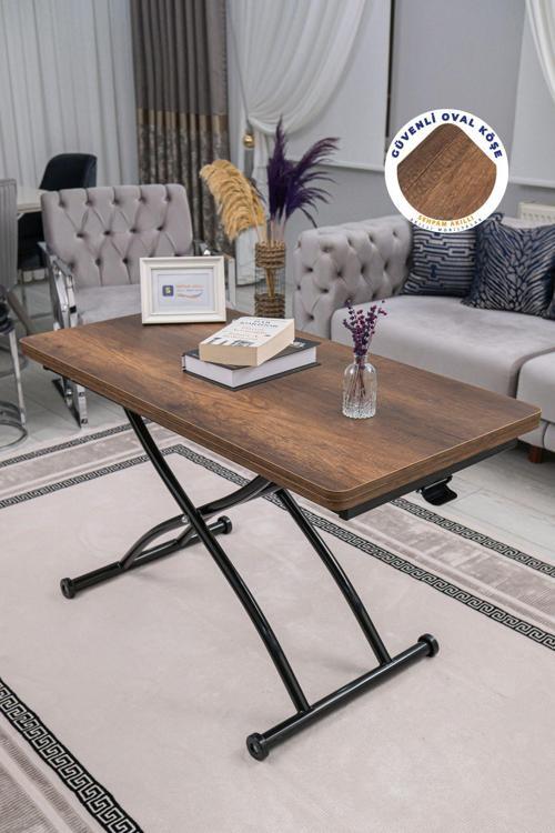 Akıllı Sehpa Üst Tabla Mdf Barok Koyu Ceviz Oval Köşe Alt Siyah Dışa Kıvrım