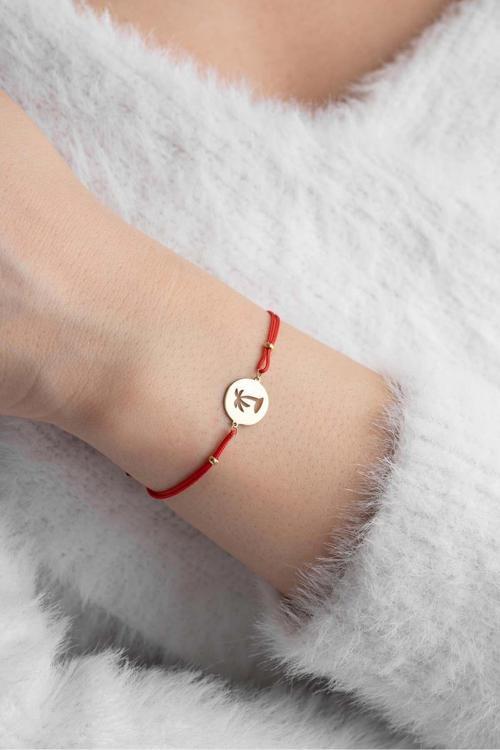 14 Ayar Altın Kırmızı İpli Palmiye Bileklik