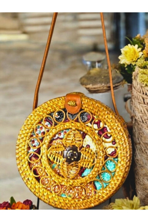 Yuvarlak Rattan Hasırı Omuz Çantası Yuvarlak Desenli