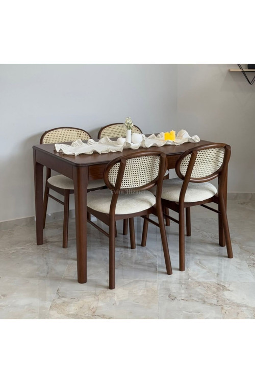 Ceviz Soft Masa & Hasırlı Miami Sandalye Takımı - Ultra Lüks - Montaj Dahil