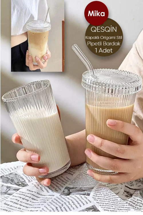 1 Adet Tekli Pinterest Model Origami Çizgili Mika Kapaklı Cam Pipetli Bardak