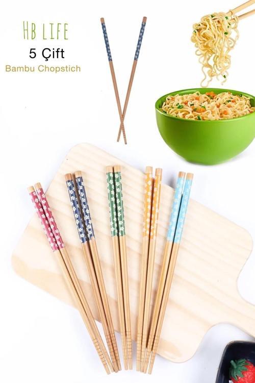 5 Çift Desenli Yıkanabilir Kore Çin Bambu Chopsticks Yemek Çubuğu | Desenli Bambu