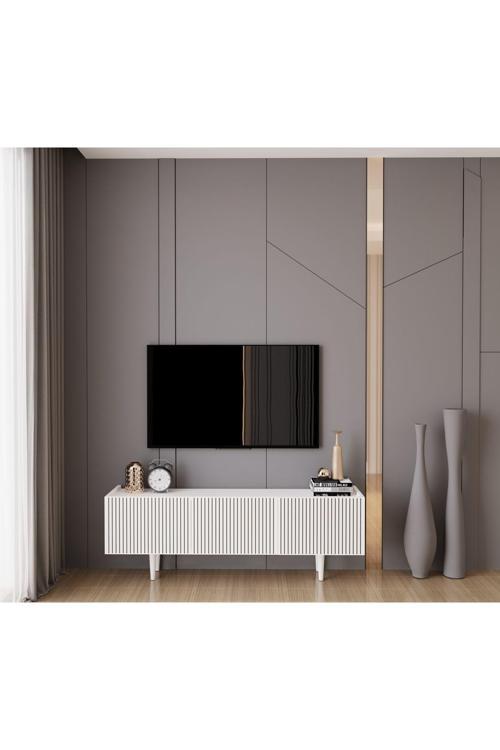 Capella Beyaz Country Mdf 3 Kapaklı Ahşap Ayaklı 140 Cm Tv Ünitesi