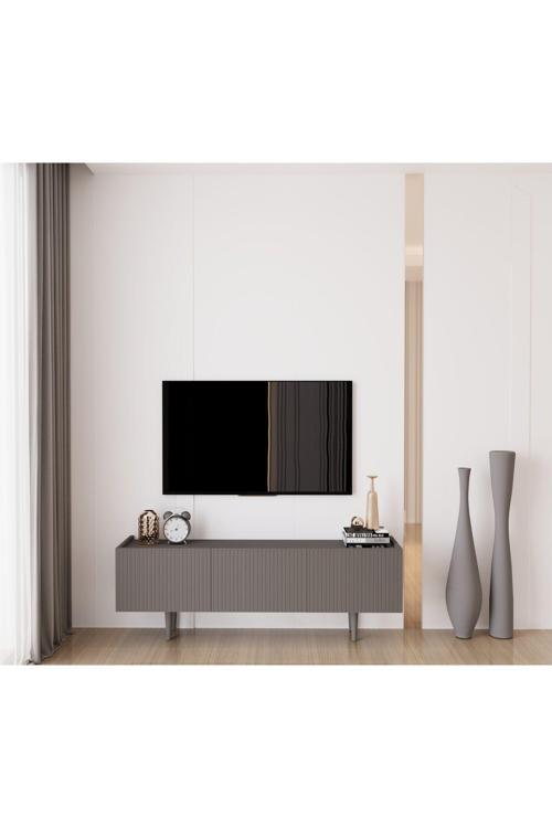 Capella Gri Mdf Country 3 Kapaklı Ahşap Ayaklı 140 Cm Tv Ünitesi