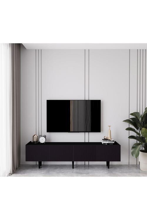 Capella Siyah Country Mdf 4 Kapaklı Ahşap Ayaklı 160 Cm Tv Ünitesi