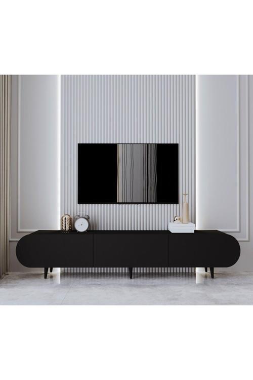 Enwoood Regulus Siyah Mdf 3 Kapaklı Ahşap Ayaklı 180 Cm Modern Tv Ünitesi