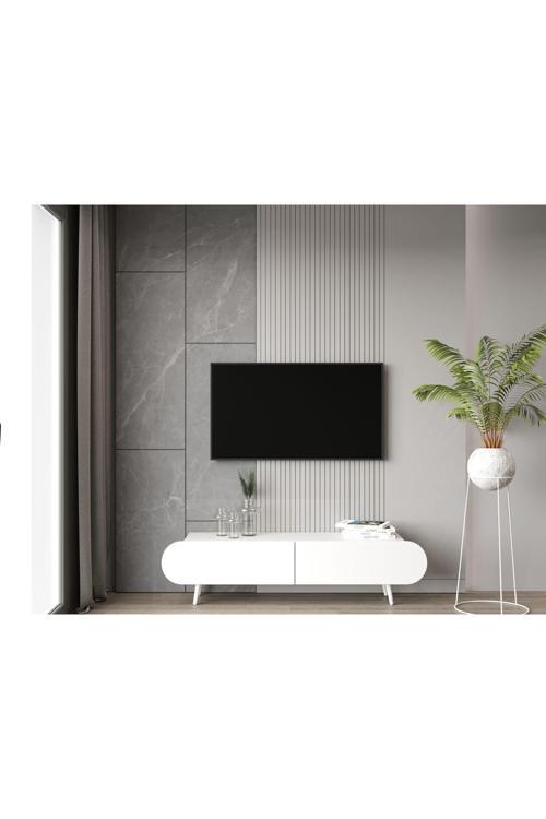 Regulus Beyaz Mdf 2 Kapaklı Ahşap Ayaklı 160 Cm Modern Tv Ünitesi