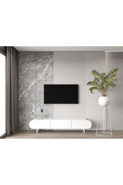Regulus Beyaz Mdf 3 Kapaklı Ahşap Ayaklı 180 Cm Modern Tv Ünitesi