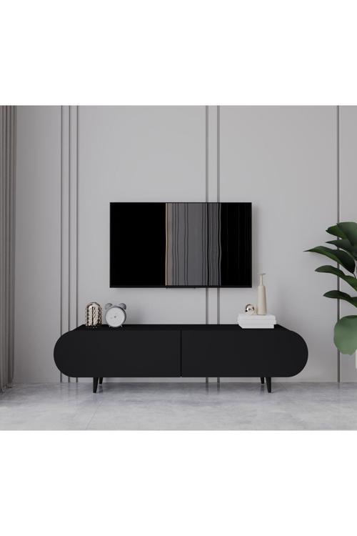 Regulus Siyah Mdf 2 Kapaklı Ahşap Ayaklı 160 Cm Modern Tv Ünitesi