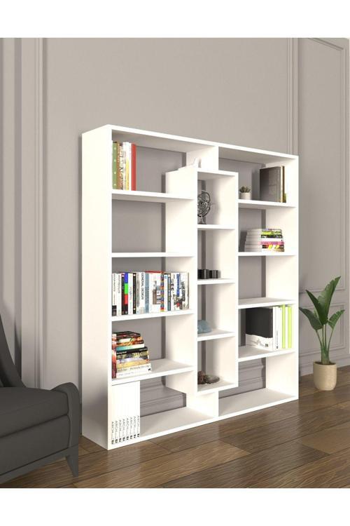 Kiola 14 Bölmeli Dekoratif Açık Tasarım Kitaplık Modern Kitaplık Beyaz
