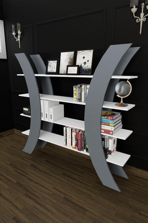 Renyu X Dekoratif Geniş Kitaplık Antrasit Beyaz Modern Tasarım