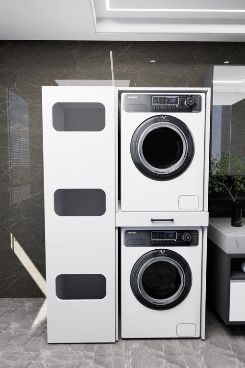 WashBox Banyo Kirli Sepetli Çamaşır Makinası Dolabı ve Kurutma Makinası Dolabı Beyaz