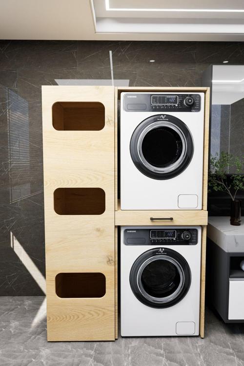 WashBox Banyo Kirli Sepetli Çamaşır Makinası Dolabı ve Kurutma Makinası Dolabı Rivoli