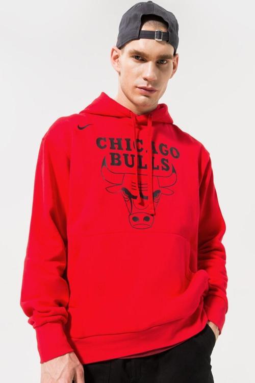 NBA Chicago Bulls Fleece Pullover Essential Erkek Kapüşonlu Bol Kesim Sweatshirt Kırmızı