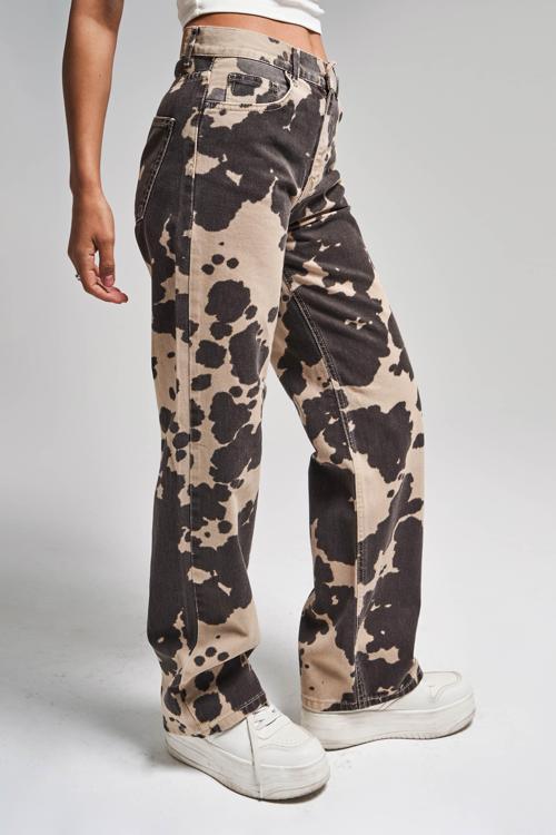 Kadın Kahverengi 6s5-57 Özel Yıkama Leopar Desenli %100 Koton Loose Fit Orta Bel Denim Jean