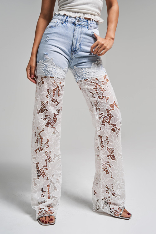 Kadın Kot Rengi 12s5-100 Dantel Kot Çift Parça Straight Fit Dantel Detaylı Tasarım Denim Jean